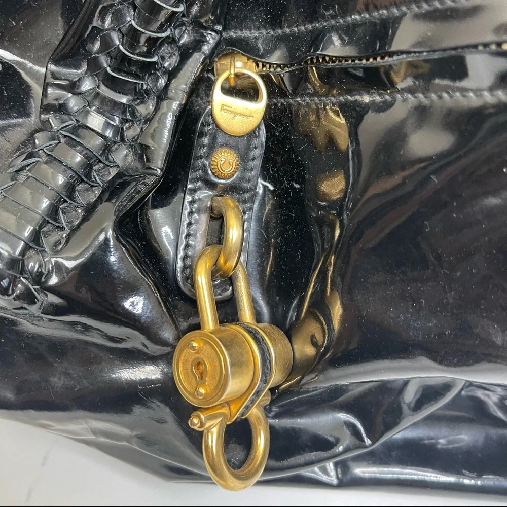 Salvatore Ferragamo Large Patent Leather Braided Handle Lock Hardware Ho…